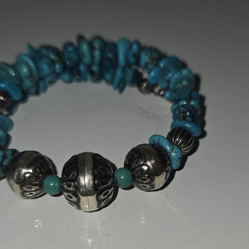 Turquoise and Silver Beaded Coil Bracelet